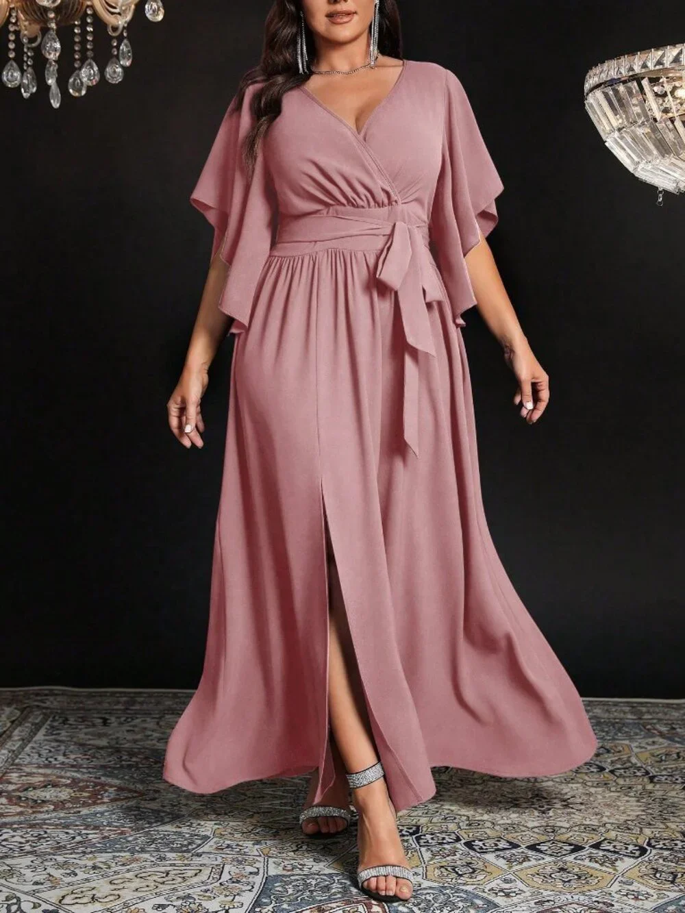 Dusty Pink Elegant Women's Plus Size V Neck Long Party Dress